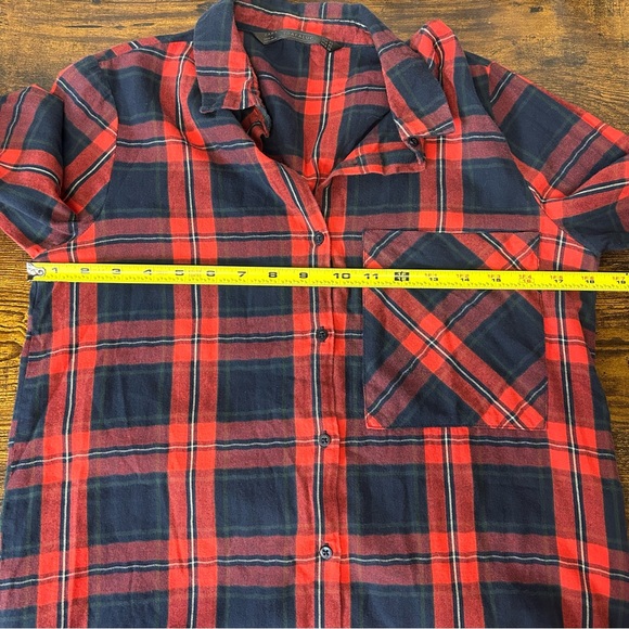 Zara | Trafaluc roll tab long sleeve button up plaid red multicolor shirt top - Picture 15 of 16